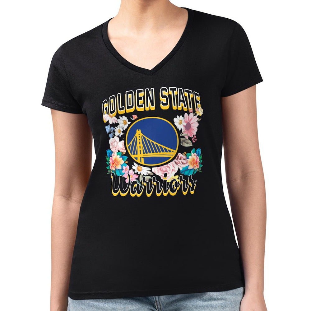 Black Golden State Warriors G-III 4Her by Carl Banks Women's Super-Slim Fit Lightweight Flowers Team Logo Graphic V-Neck T-Shirt sale | NBA