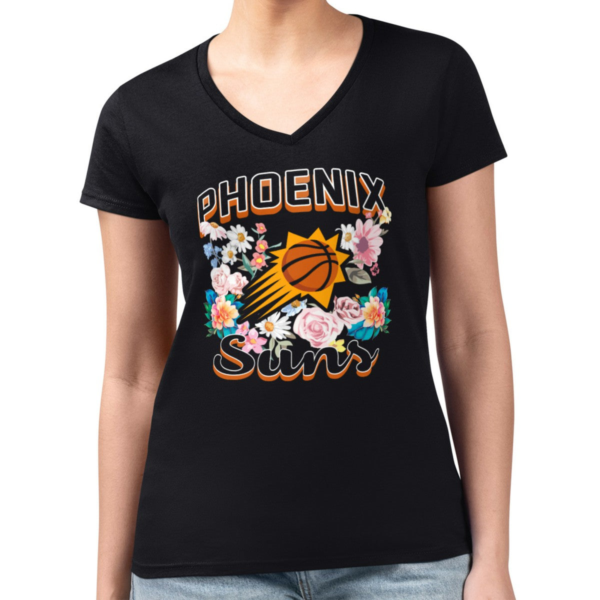 Black Phoenix Suns G-III 4Her by Carl Banks Women's Super-Slim Fit Lightweight Flowers Team Logo Graphic V-Neck T-Shirt | NBA