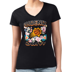 Black Phoenix Suns G-III 4Her by Carl Banks Women's Super-Slim Fit Lightweight Flowers Team Logo Graphic V-Neck T-Shirt | NBA