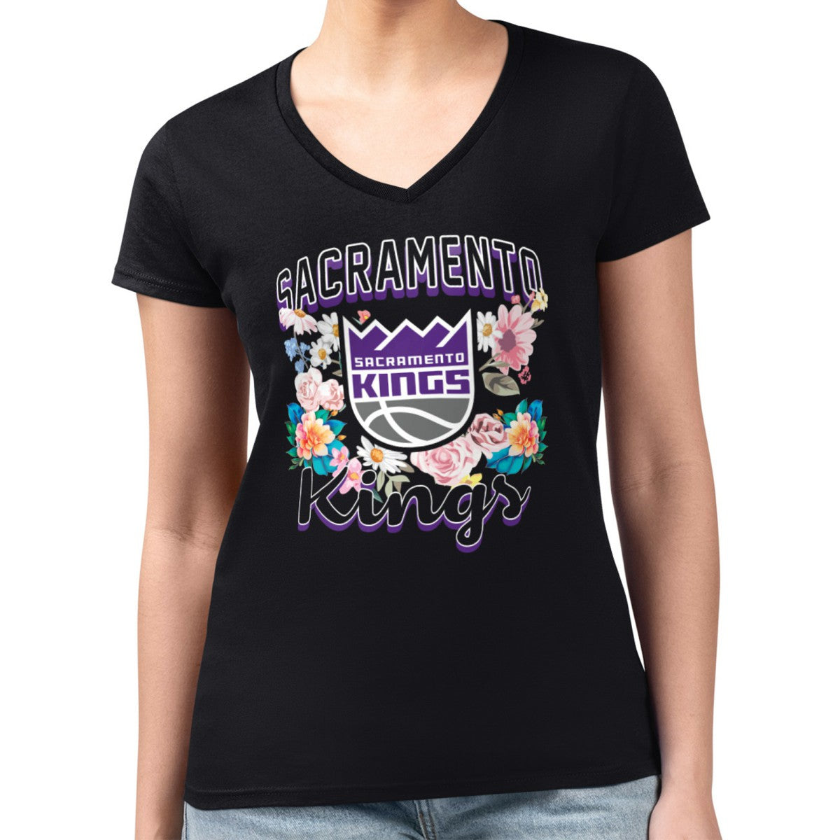 Black Sacramento Kings G-III 4Her by Carl Banks Women's Super-Slim Fit Lightweight Flowers Team Logo Graphic V-Neck T-Shirt | NBA