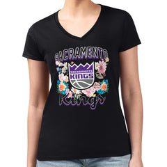 Black Sacramento Kings G-III 4Her by Carl Banks Women's Super-Slim Fit Lightweight Flowers Team Logo Graphic V-Neck T-Shirt | NBA