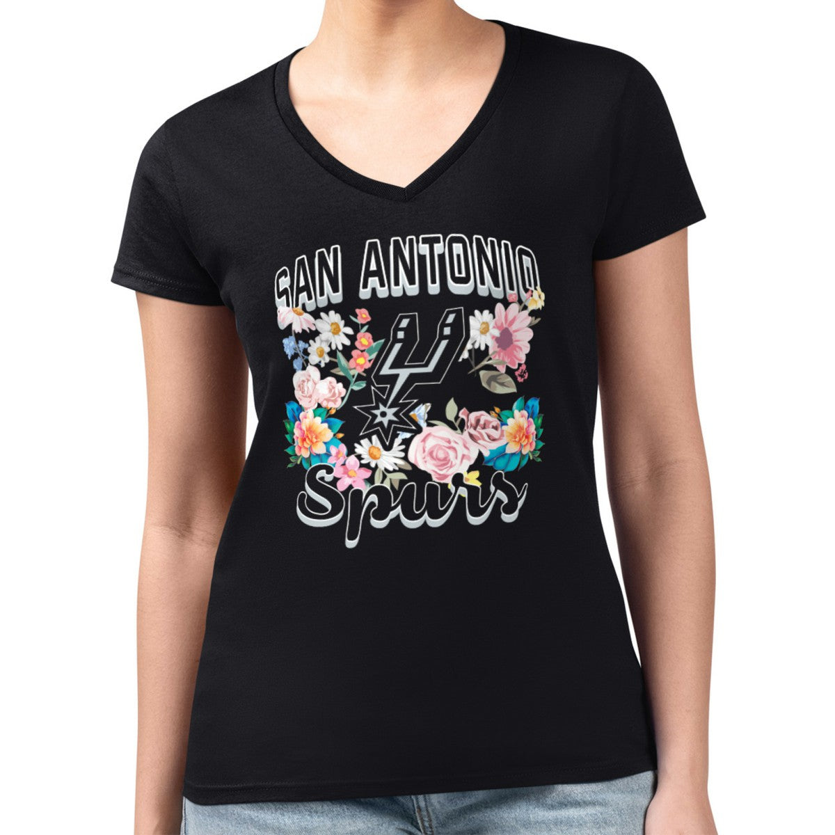 Black San Antonio Spurs G-III 4Her by Carl Banks Women's Super-Slim Fit Lightweight Flowers Team Logo Graphic V-Neck T-Shirt | NBA