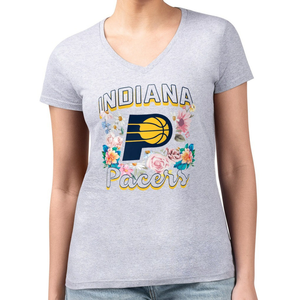 Heather Gray Indiana Pacers G-III 4Her by Carl Banks Women's Super-Slim Fit Lightweight Flowers Team Logo Graphic V-Neck T-Shirt | NBA