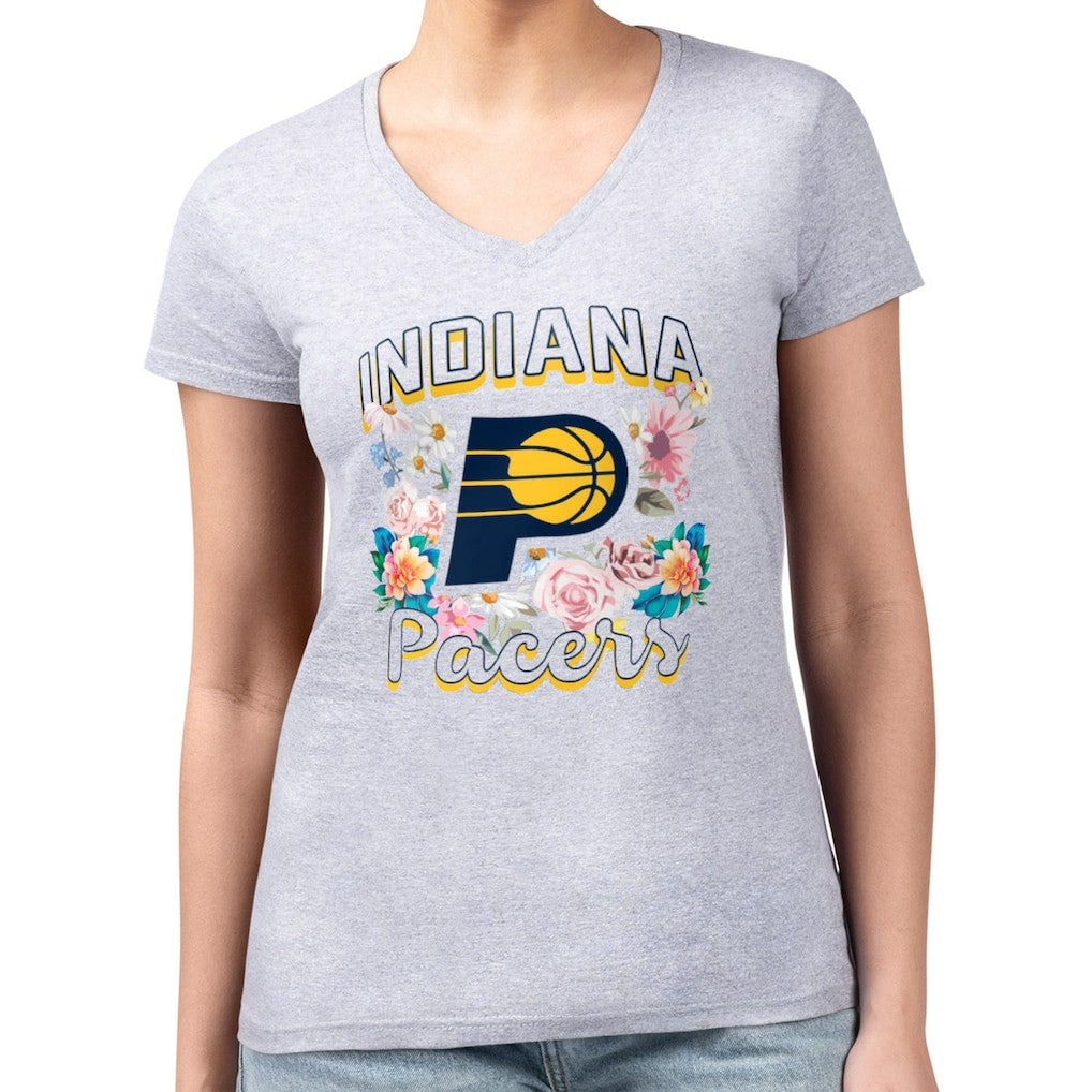 Heather Gray Indiana Pacers G-III 4Her by Carl Banks Women's Super-Slim Fit Lightweight Flowers Team Logo Graphic V-Neck T-Shirt | NBA