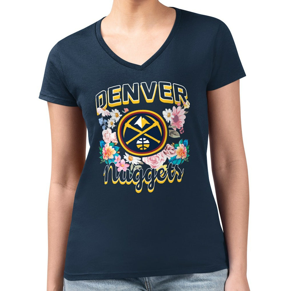 Navy Denver Nuggets G-III 4Her by Carl Banks Women's Super-Slim Fit Lightweight Flowers Team Logo Graphic V-Neck T-Shirt sale | NBA