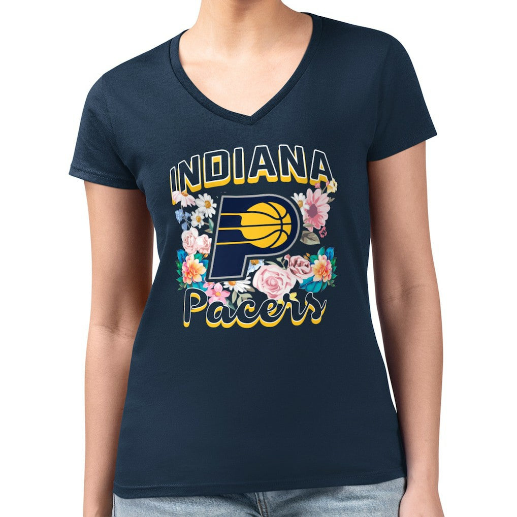 Navy Indiana Pacers G-III 4Her by Carl Banks Women's Super-Slim Fit Lightweight Flowers Team Logo Graphic V-Neck T-Shirt | NBA