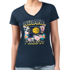 Navy Indiana Pacers G-III 4Her by Carl Banks Women's Super-Slim Fit Lightweight Flowers Team Logo Graphic V-Neck T-Shirt | NBA
