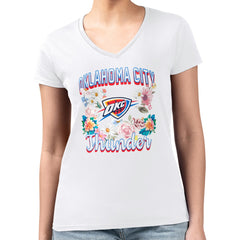 White Oklahoma City Thunder G-III 4Her by Carl Banks Women's Super-Slim Fit Lightweight Flowers Team Logo Graphic V-Neck T-Shirt | NBA