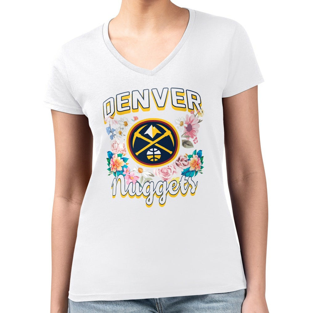 White Denver Nuggets G-III 4Her by Carl Banks Women's Super-Slim Fit Lightweight Flowers Team Logo Graphic V-Neck T-Shirt sale | NBA