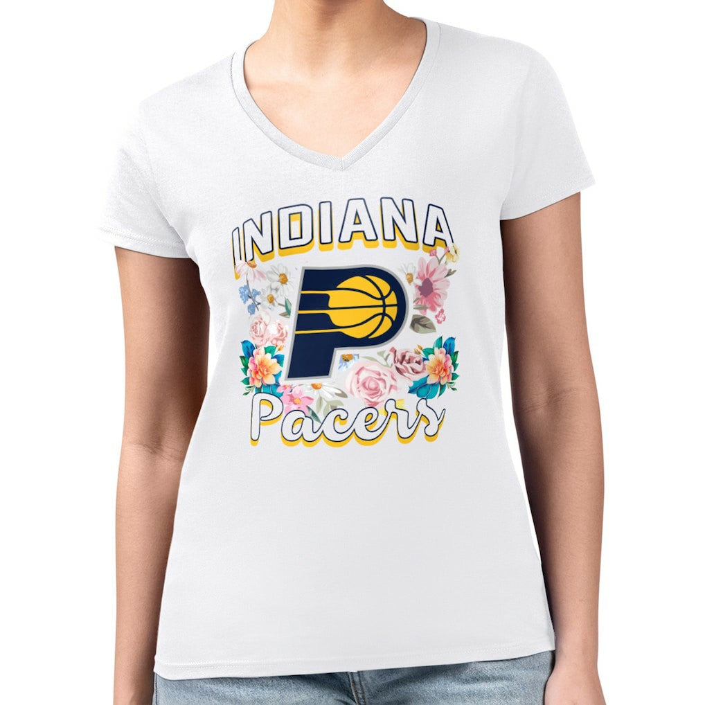 White Indiana Pacers G-III 4Her by Carl Banks Women's Super-Slim Fit Lightweight Flowers Team Logo Graphic V-Neck T-Shirt | NBA