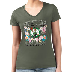 Olive Boston Celtics G-III 4Her by Carl Banks Women's Super-Slim Fit Lightweight Flowers Team Logo Graphic V-Neck T-Shirt | NBA