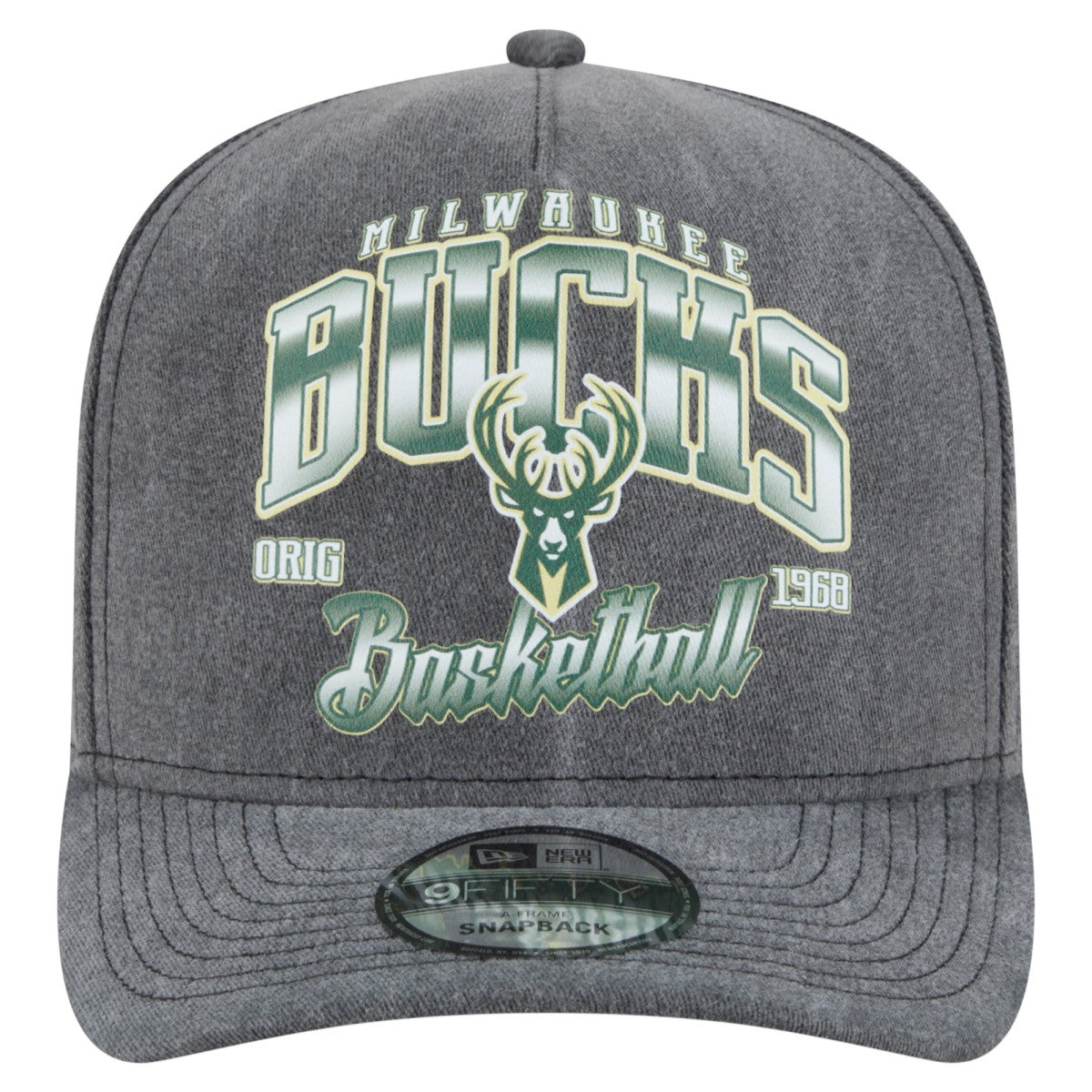Charcoal Milwaukee Bucks Throwback Washed Pre-Curved 9FIFTY Snapback Hat | NBA