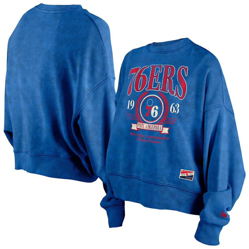 Royal Philadelphia 76ers Women's Throwback Vintage Enzyme Wash Oversized Boxy Pullover Sweatshirt | NBA