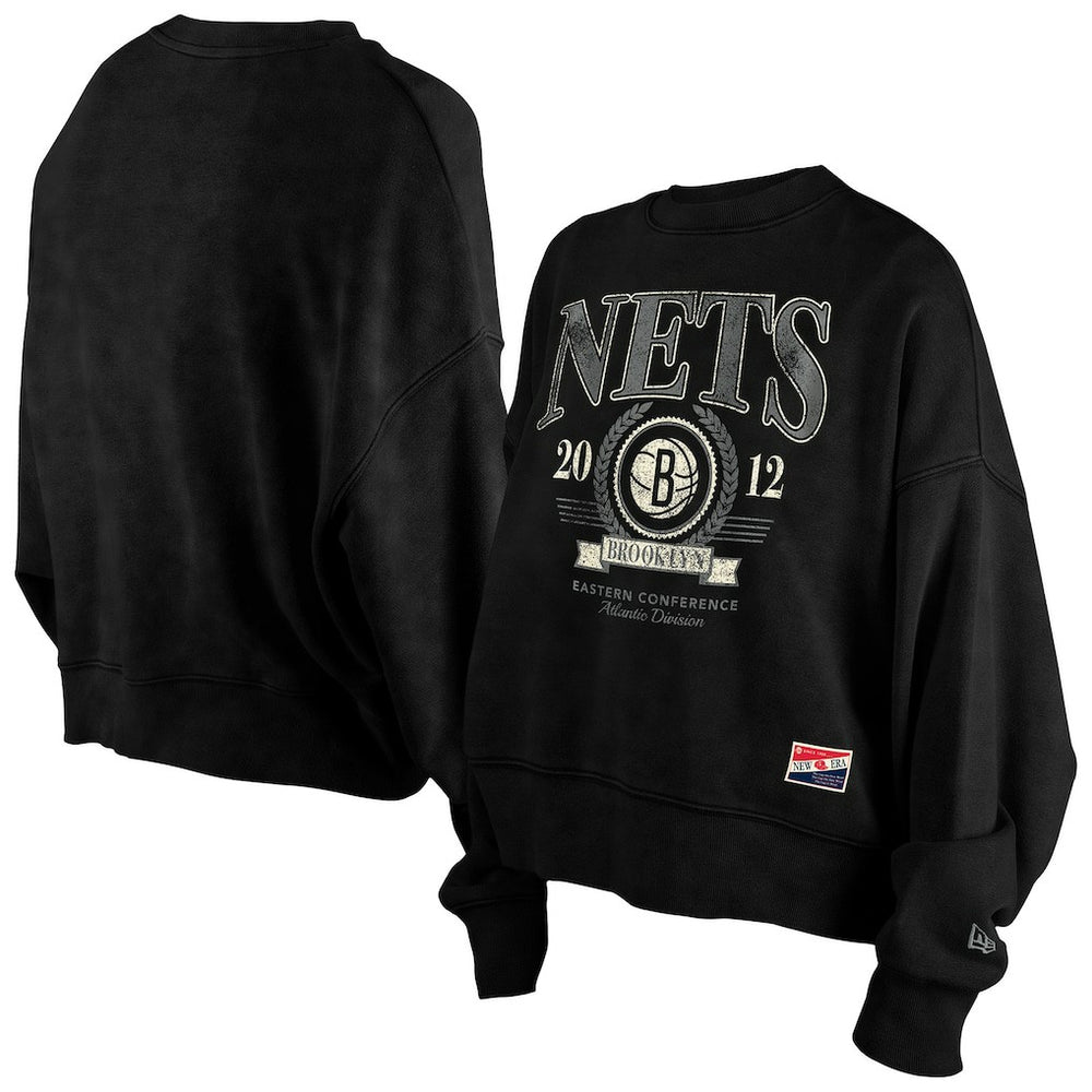 Black Brooklyn Nets Women's Throwback Vintage Enzyme Wash Oversized Boxy Pullover Sweatshirt | NBA