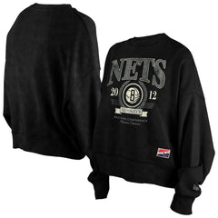 Black Brooklyn Nets Women's Throwback Vintage Enzyme Wash Oversized Boxy Pullover Sweatshirt | NBA