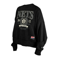 Black Brooklyn Nets Women's Throwback Vintage Enzyme Wash Oversized Boxy Pullover Sweatshirt | NBA