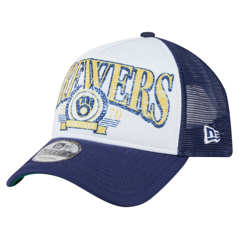 Milwaukee Brewers New Era Distressed 9FORTY A-Frame Adjustable Trucker Hat - MLB Hats
