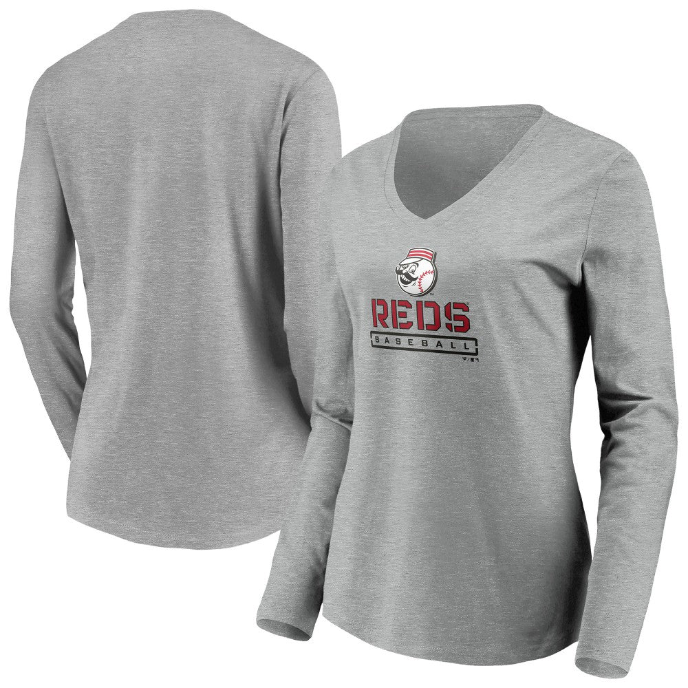 Cincinnati Reds Women's Evanston Stencil Long Sleeve V-Neck T-Shirt - MLB T-shirts