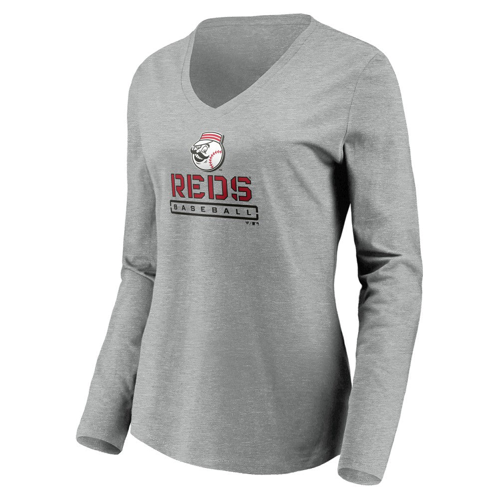 Cincinnati Reds Women's Evanston Stencil Long Sleeve V-Neck T-Shirt - MLB T-shirts