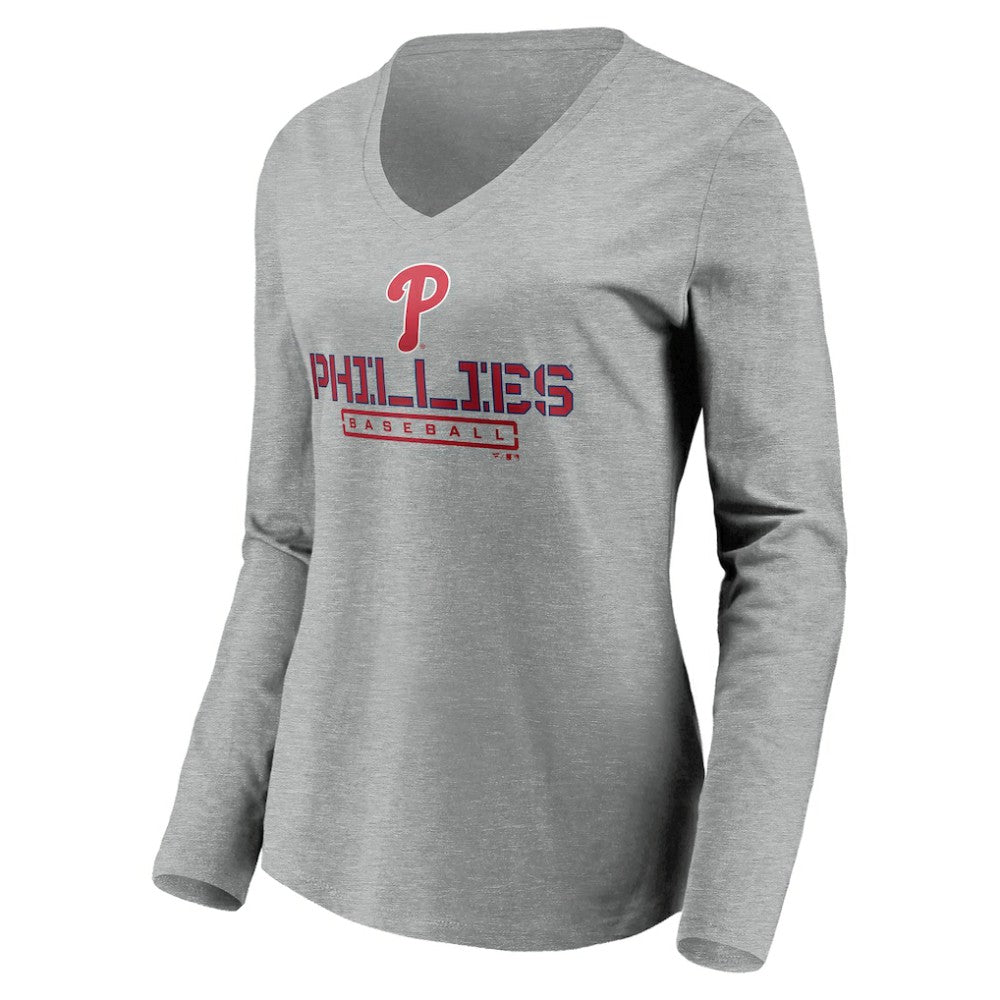 Philadelphia Phillies Women's Evanston Stencil Long Sleeve V-Neck T-Shirt - MLB T-shirts