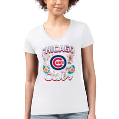 Chicago Cubs G-III 4Her by Carl Banks Women's Super-Slim Fit Lightweight Flowers Graphic V-Neck T-Shirt - MLB T-shirts