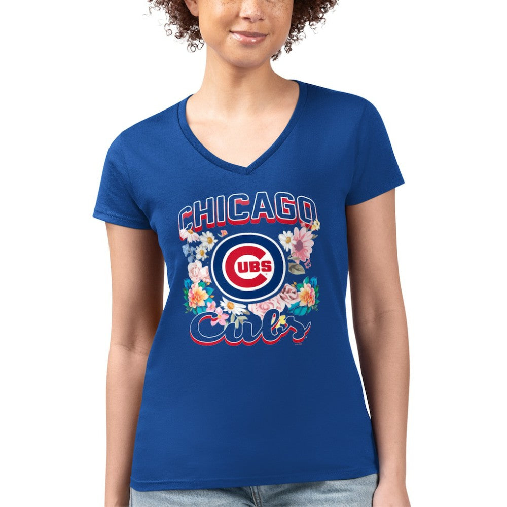 Chicago Cubs G-III 4Her by Carl Banks Women's Super-Slim Fit Lightweight Flowers Graphic V-Neck T-Shirt - MLB T-shirts