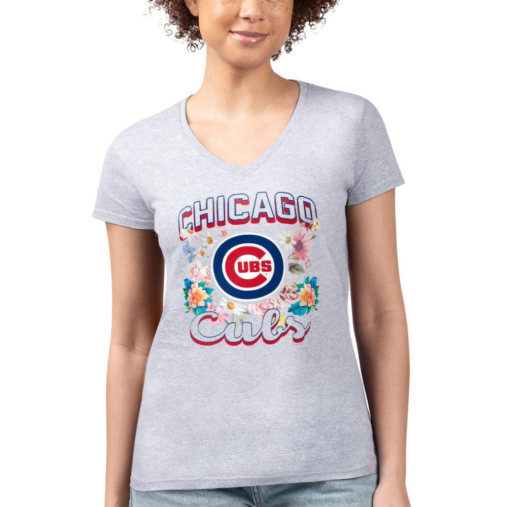 Chicago Cubs G-III 4Her by Carl Banks Women's Super-Slim Fit Lightweight Flowers Graphic V-Neck T-Shirt - MLB T-shirts