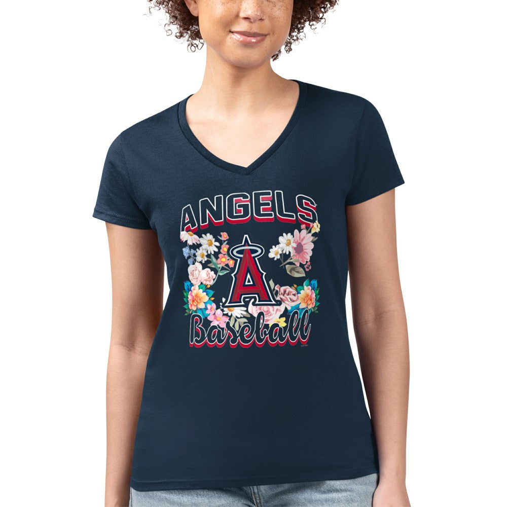 Los Angeles Angels G-III 4Her by Carl Banks Women's Super-Slim Fit Lightweight Flowers Graphic V-Neck T-Shirt - MLB T-shirts
