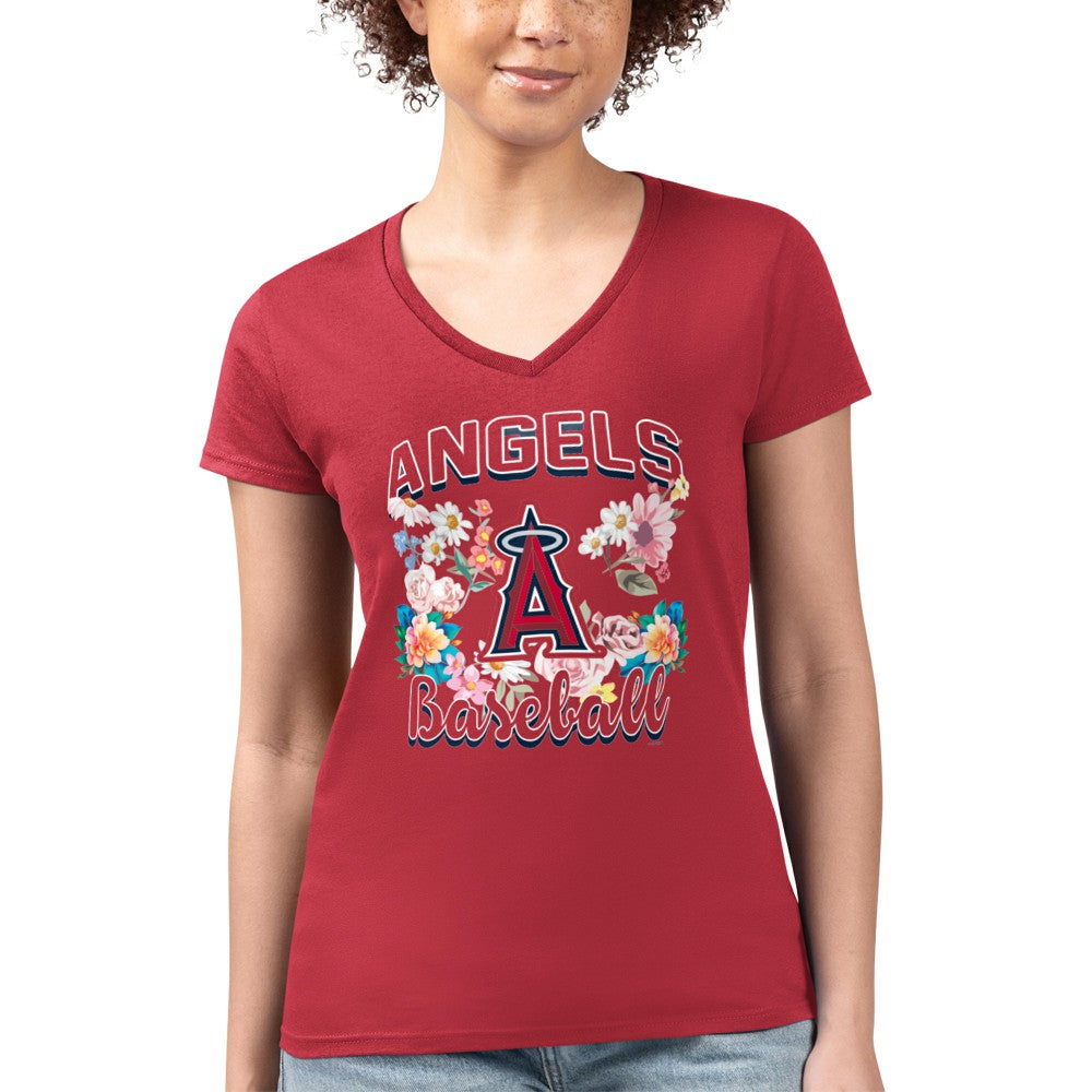 Los Angeles Angels G-III 4Her by Carl Banks Women's Super-Slim Fit Lightweight Flowers Graphic V-Neck T-Shirt - MLB T-shirts