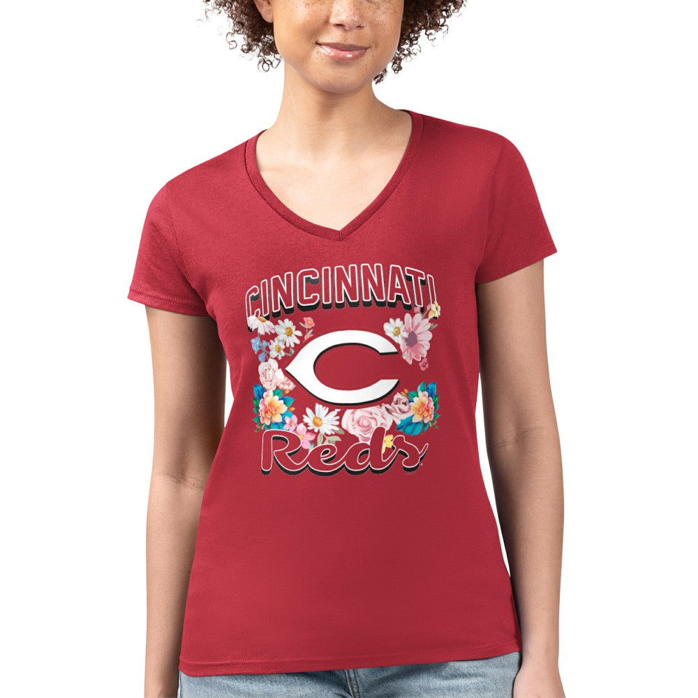 Cincinnati Reds G-III 4Her by Carl Banks Women's Super-Slim Fit Lightweight Flowers Graphic V-Neck T-Shirt - MLB T-shirts