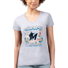 Miami Marlins G-III 4Her by Carl Banks Women's Super-Slim Fit Lightweight Flowers Graphic V-Neck T-Shirt - MLB T-shirts