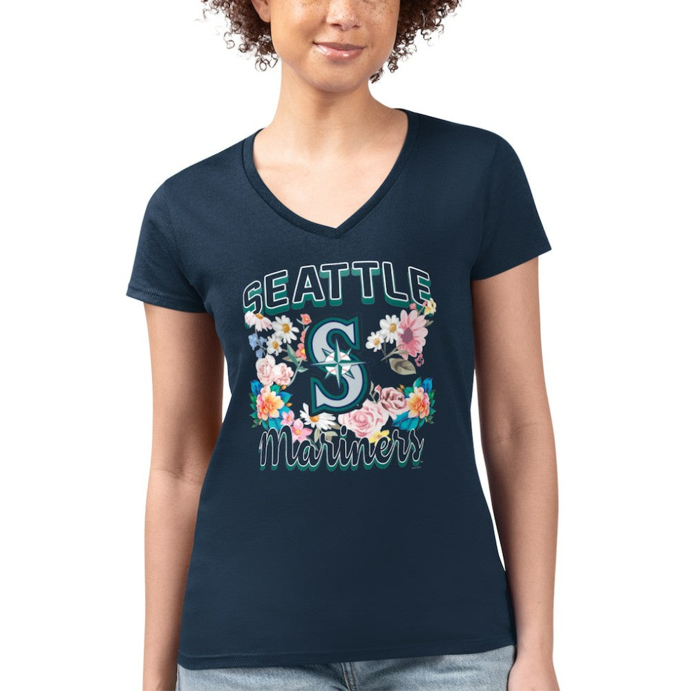 Seattle Mariners G-III 4Her by Carl Banks Women's Super-Slim Fit Lightweight Flowers Graphic V-Neck T-Shirt - MLB T-shirts