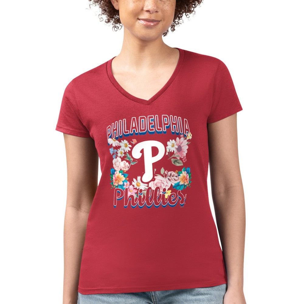 Philadelphia Phillies G-III 4Her by Carl Banks Women's Super-Slim Fit Lightweight Flowers Graphic V-Neck T-Shirt - MLB T-shirts