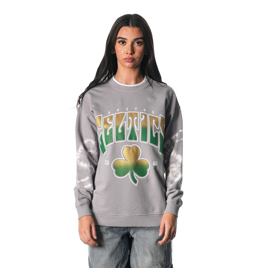 Heather Gray Boston Celtics The Wild Collective Women's Bleached Tie-Dye Pullover Sweatshirt | NBA