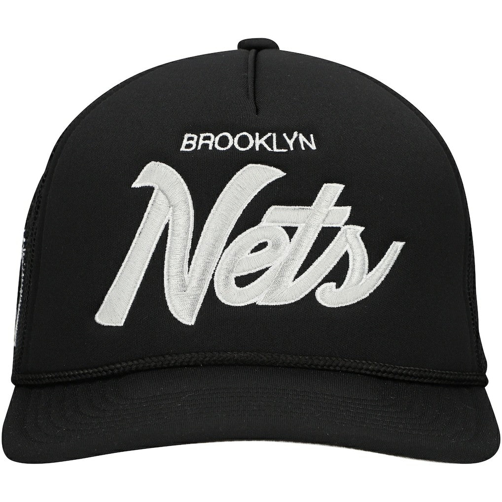 Black Brooklyn Nets Script Trucker Adjustable Hat | NBA