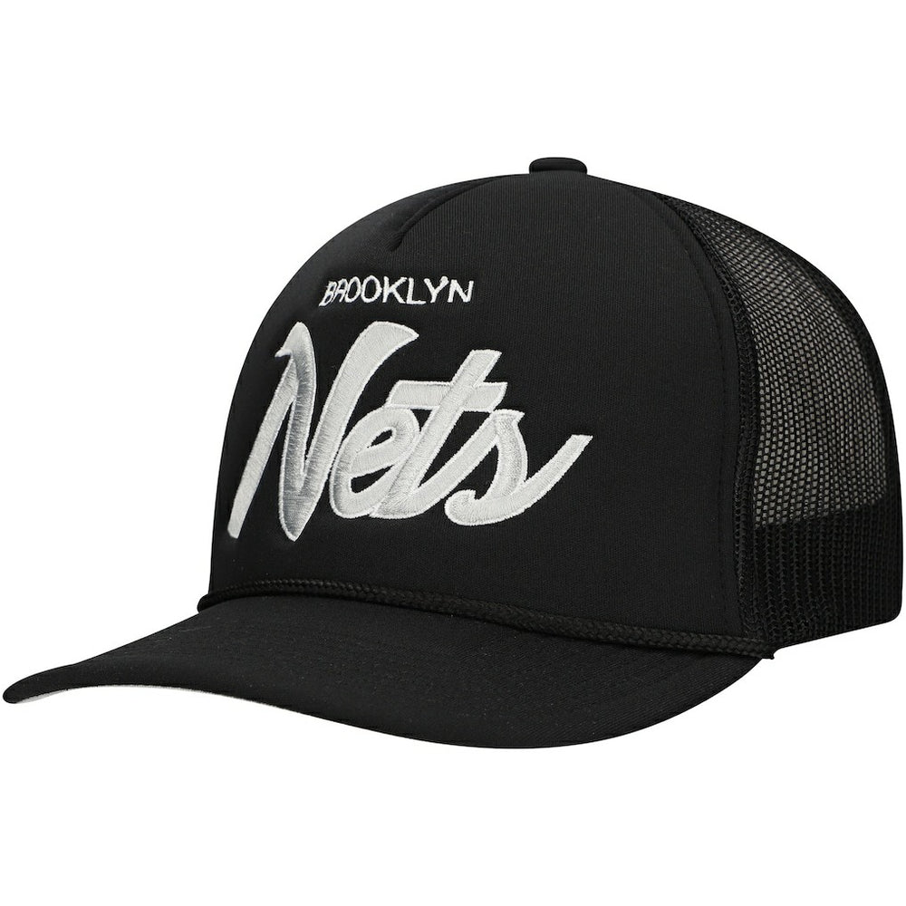 Black Brooklyn Nets Script Trucker Adjustable Hat | NBA