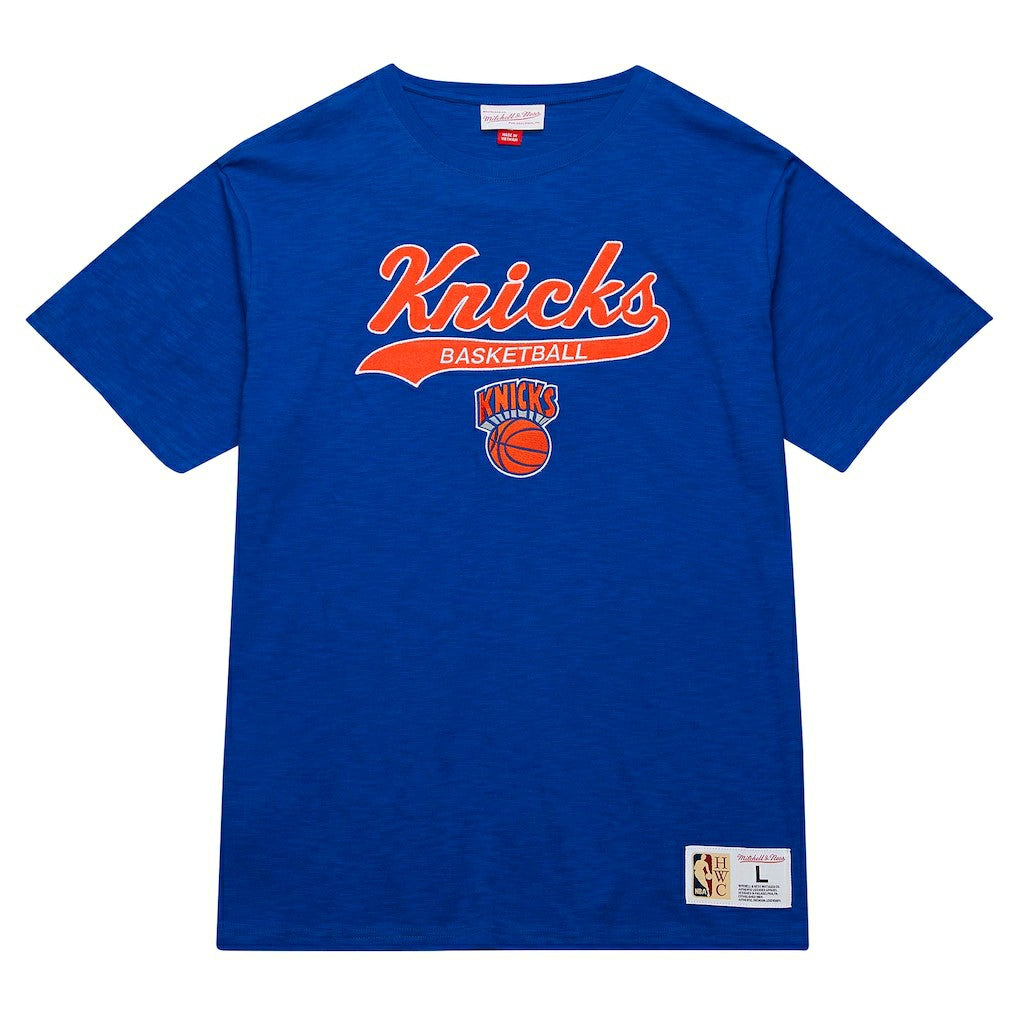 Blue New York Knicks Hardwood Classics Felt Applique Slub T-Shirt | NBA