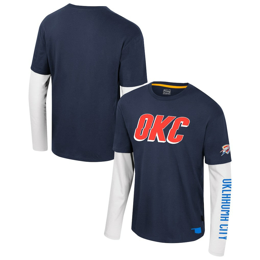Navy Oklahoma City Thunder Stadium Essentials Unisex Spectator 2fer Long Sleeve T-Shirt | NBA