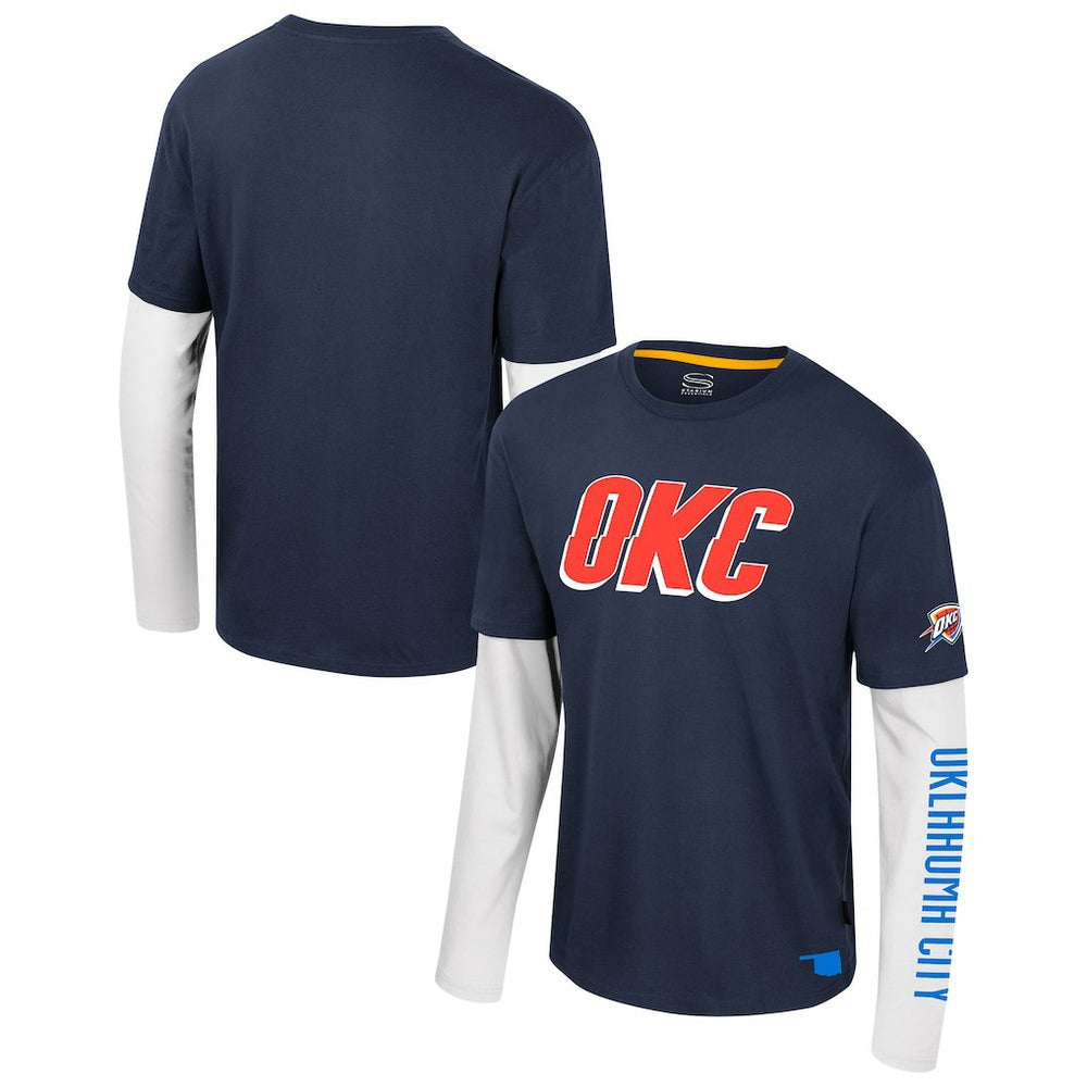 Navy Oklahoma City Thunder Stadium Essentials Unisex Spectator 2fer Long Sleeve T-Shirt | NBA