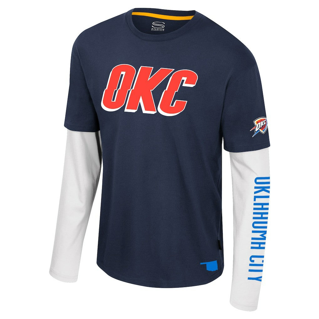 Navy Oklahoma City Thunder Stadium Essentials Unisex Spectator 2fer Long Sleeve T-Shirt | NBA