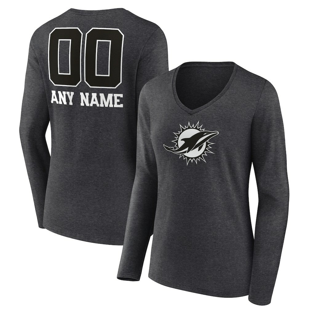 Miami Dolphins Women's Personalized Name & Number Monochrome V-neck T-Shirt | NFL Sale