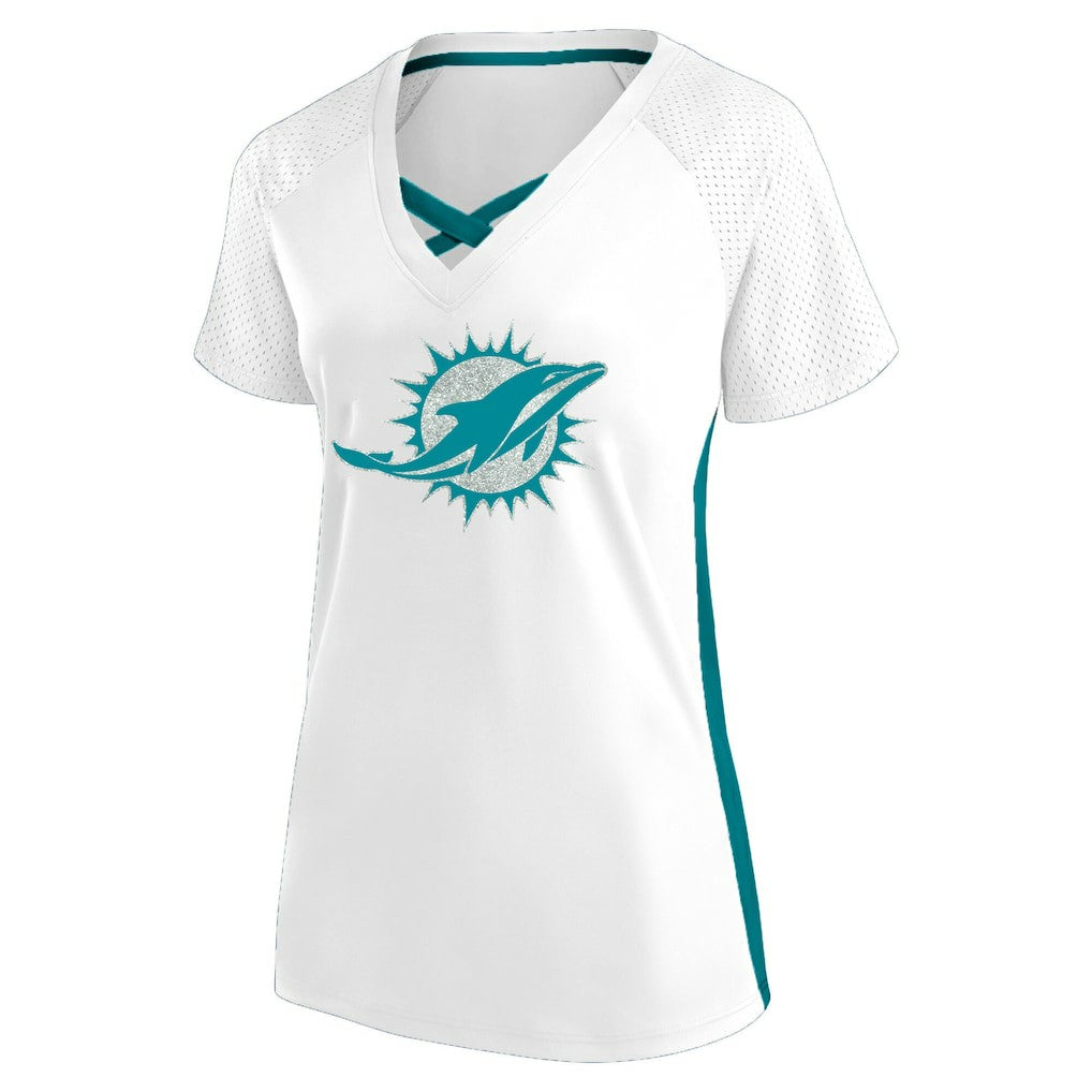Miami Dolphins Women's Plus Size Glitter Lace-Up V- Neck T-Shirt | NFL Outlet