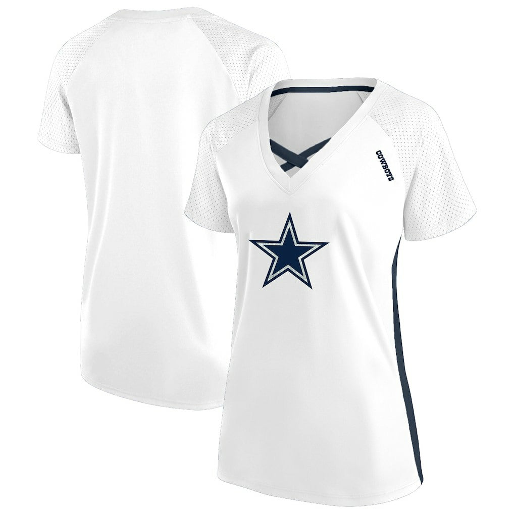 Dallas Cowboys Women's Plus Size Glitter Lace-Up V- Neck T-Shirt | NFL Outlet