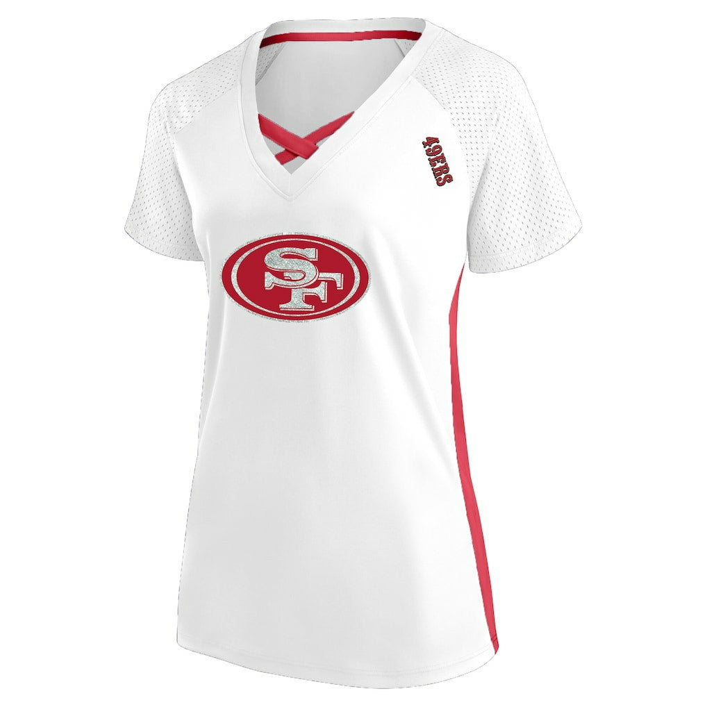 San Francisco 49ers Women's Plus Size Glitter Lace-Up V- Neck T-Shirt | NFL Outlet