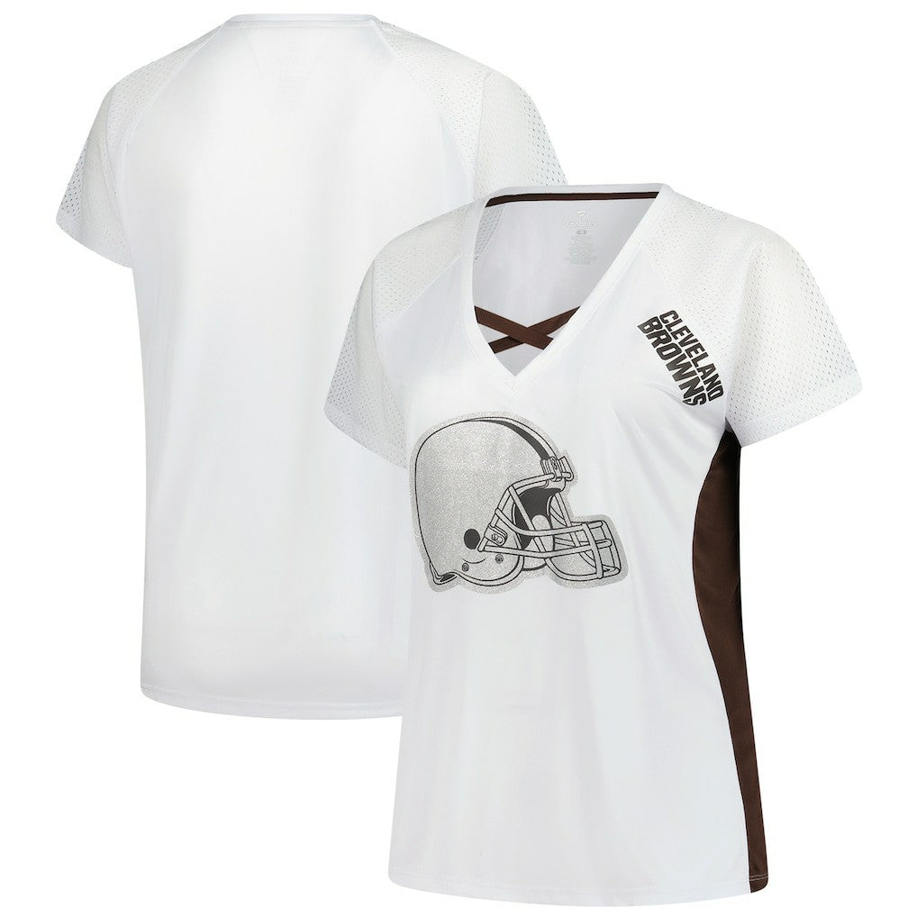 Cleveland Browns Women's Plus Size Glitter Lace-Up V- Neck T-Shirt | NFL Hot