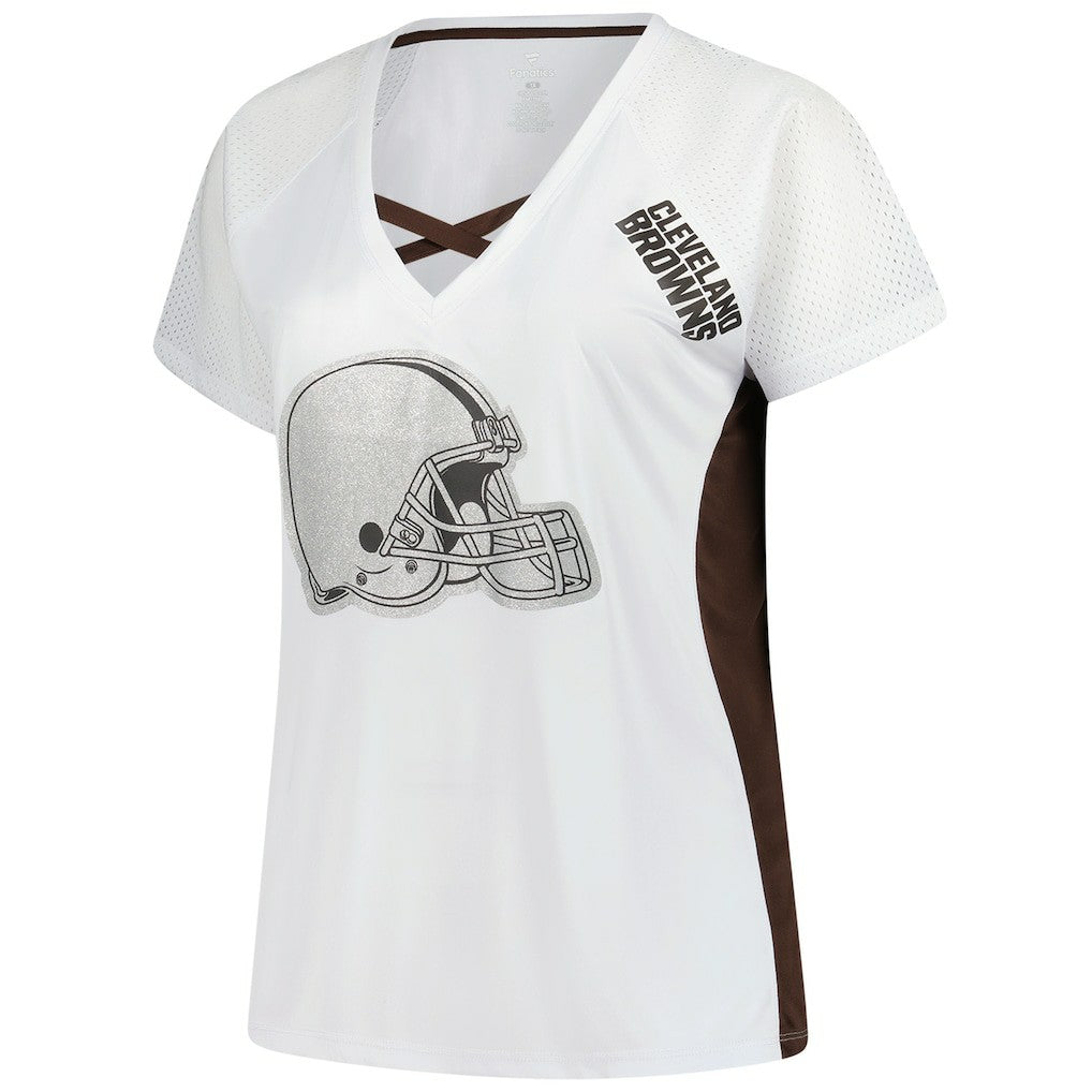Cleveland Browns Women's Plus Size Glitter Lace-Up V- Neck T-Shirt | NFL Hot