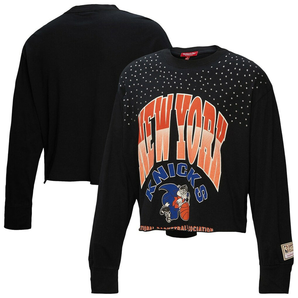 Black New York Knicks Women's Hardwood Classics Studded Boxy Cropped Long Sleeve T-Shirt | NBA