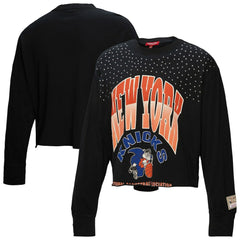 Black New York Knicks Women's Hardwood Classics Studded Boxy Cropped Long Sleeve T-Shirt | NBA