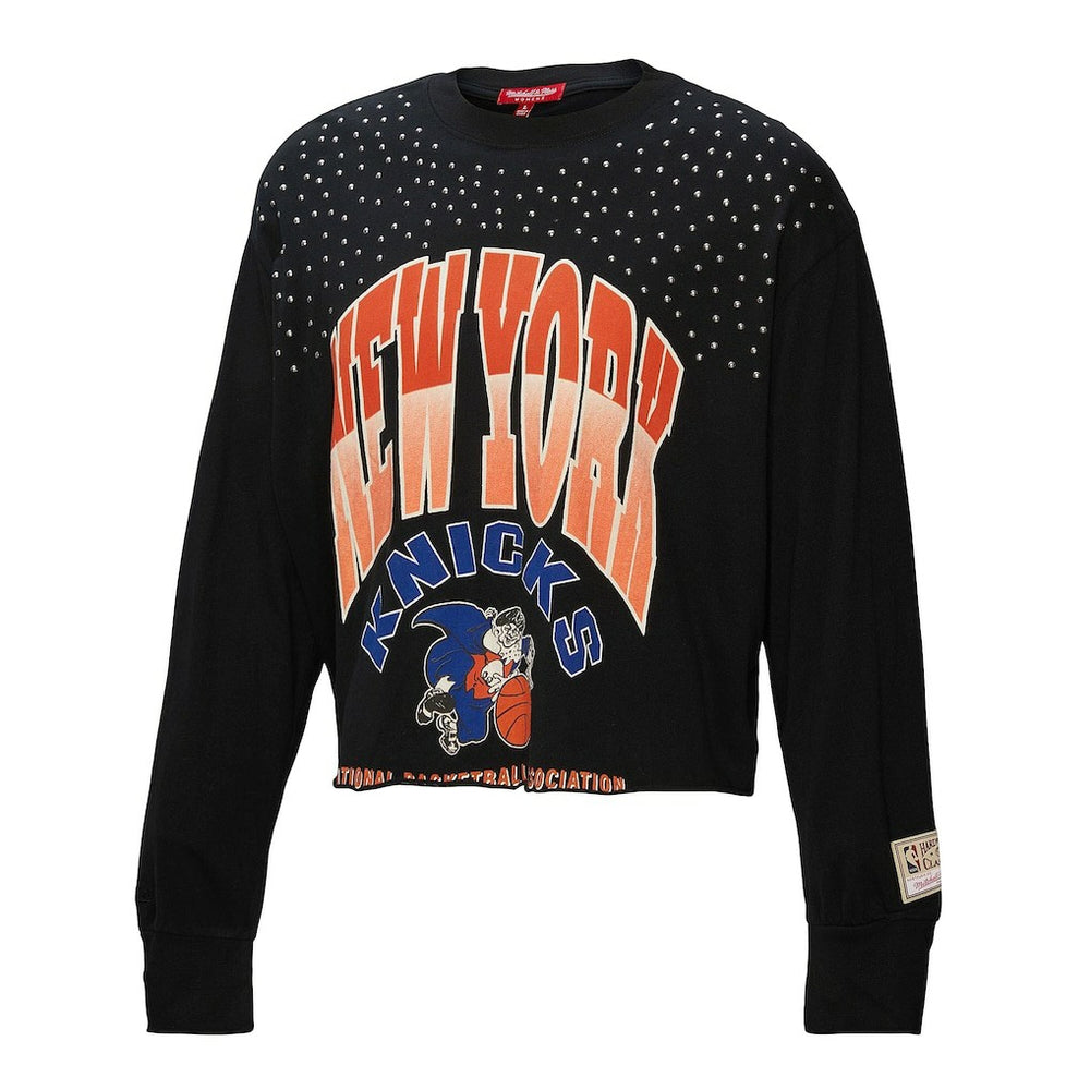 Black New York Knicks Women's Hardwood Classics Studded Boxy Cropped Long Sleeve T-Shirt | NBA