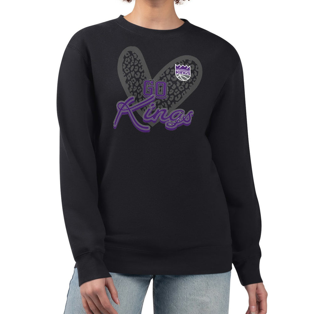 Black Sacramento Kings G-III 4Her by Carl Banks Women's Leopard Heart Fleece Pullover Sweatshirt | NBA